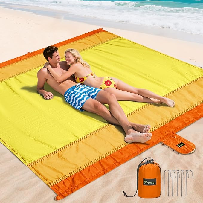 PTEROMY Beach Blanket Waterproof Sandproof, 84" X 84"Extra Large Beach Mat with Storage Bag, Quick Drying Lightweight, 6 Stakes, Accessories for Picnic, Travel (7x7 FT, Yellow)