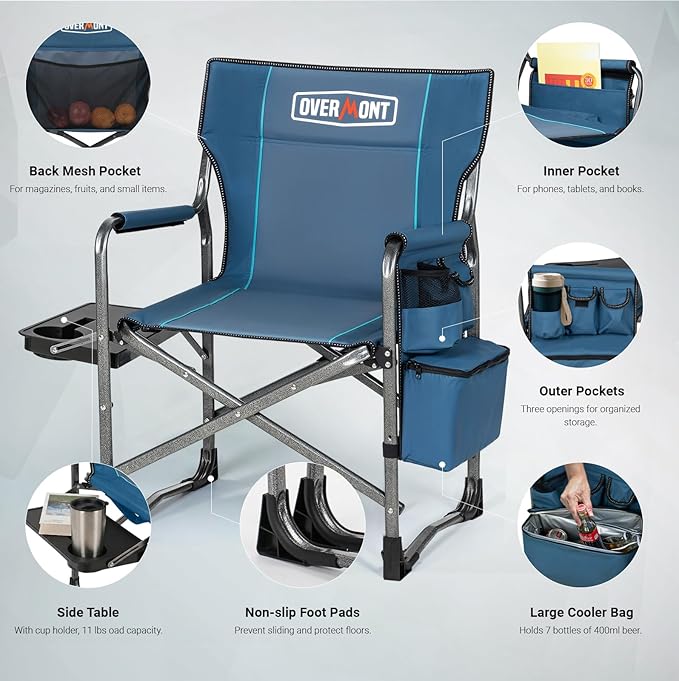 Overmont 2PCS Oversized Lightweight Camping Chair - Portable Comfortable Heavy Duty Foldable Directors Chairs with Side Table & Cooler Bag for Outside Camp Beach Picnic Lawn and Fishing Support 400lbs