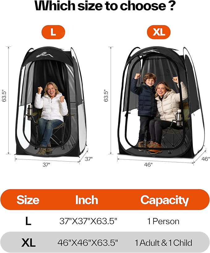 Sportneer Sports Tent: 1 Person Instant Shelter with Ultra Visibility for Cold Day - Lightweight Portable Pop Up Tent for Sports Event, Protection from Cold Wind and Rain, 37" Lx 37" W x 63.5" H