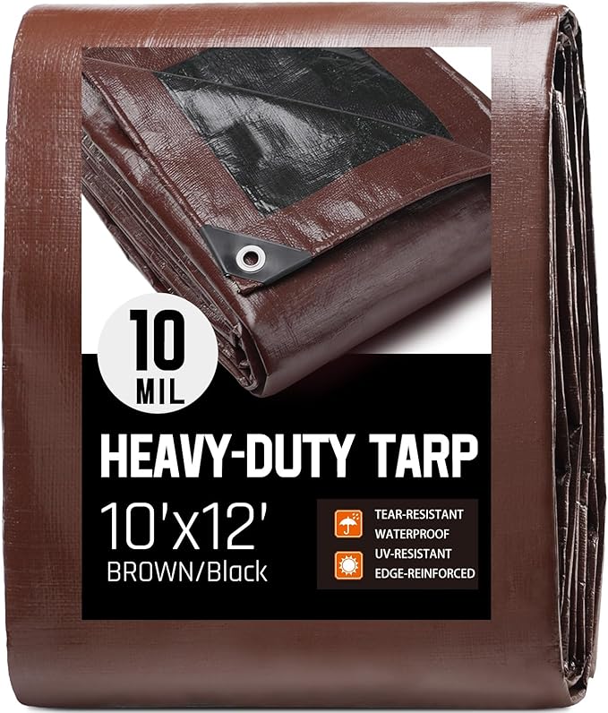 10 x 12 FT Waterproof Heavy Duty Tarp, 10 Mil Thick, Outdoor Furniture Covers, Plastic Insulated Tarpaulin for Camping Tent Roof Boat Patio Pool Cover, Large & Small Multi-Size Tarps, Brown/Black