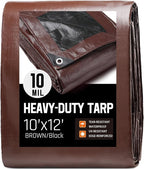 10 x 12 FT Waterproof Heavy Duty Tarp, 10 Mil Thick, Outdoor Furniture Covers, Plastic Insulated Tarpaulin for Camping Tent Roof Boat Patio Pool Cover, Large & Small Multi-Size Tarps, Brown/Black