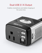 BESTEK 150W Power Inverter 12V to 110V Voltage Converter Car Charger Power Adapter with 3.1A Dual USB Charging Ports, Rotatable Plug & Safety Protection for Road Trip, Camping, Laptop
