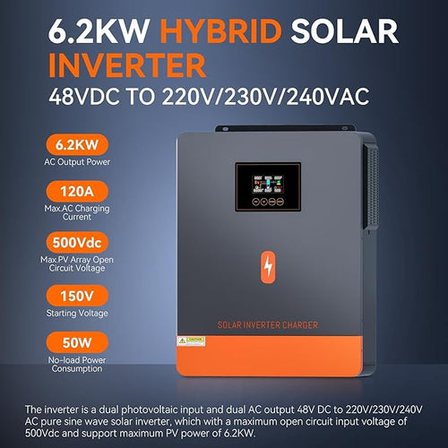 6200W Hybrid Solar Inverter, 48V to 220/240VAC, Off-Grid Solar Inverter w/ 120A MPPT Solar Charge Controller, Max PV Input Power 6500W, Max PV Array Voc 500Vdc, Work 48V Lead Acid & Lithium Battery