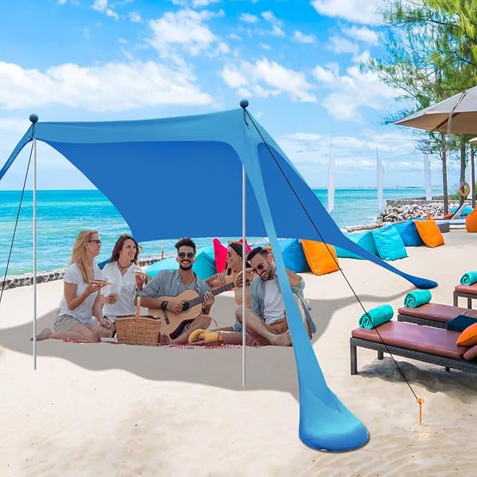 Beach Canopy Beach Tent Sun Shelter 7.5X7.5 FT Beach Shade Canopy UPF50+ Sun Protection Windproof Ropes Carry Bag Easy to Setup for Family Outdoor Camping