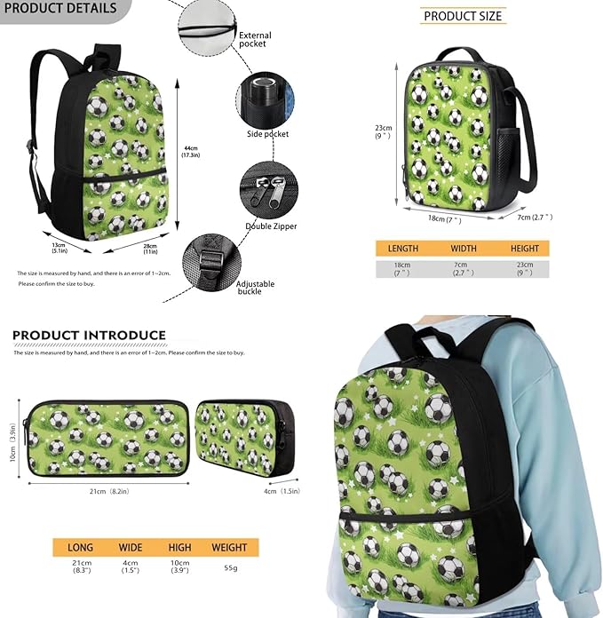 Rnyleeg Grass Soccer Backpack for Boys 5-6 Green Kids Backpack with Lunch Bag Lightweight 3 Pcs School Bag Set for Elementary Students
