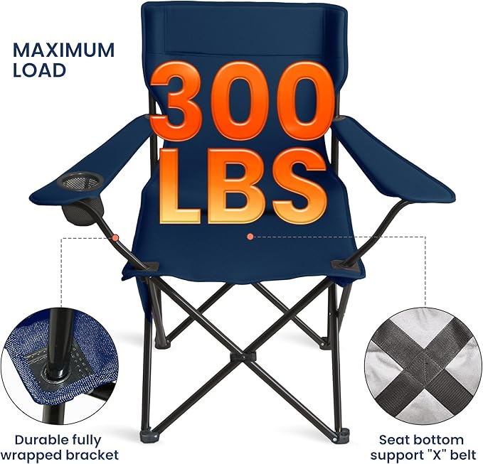 Portable Camping Chair 2 Pack, Folding Outdoor Chair with Cup Holder & Side Pocket for Camping (Navy Blue, 2 Pack)