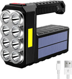 8 LED Solar Flashlight with COB Sidelight, 1000 Lumens Solar Powered Flashlights, Solar or USB Charging Waterproof Handheld Flashlights with 3 Modes for Fishing Outdoor Camping Emergencies