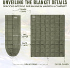 3M Thinsulate Insulation Puffy Camping Blanket for Cold Weather, Queen Size Warm Camping Quilt with Zipper, Waterproof Outdoor Sleeping Bag for Hammock, Cozy & Versatile Gift for Men and Women