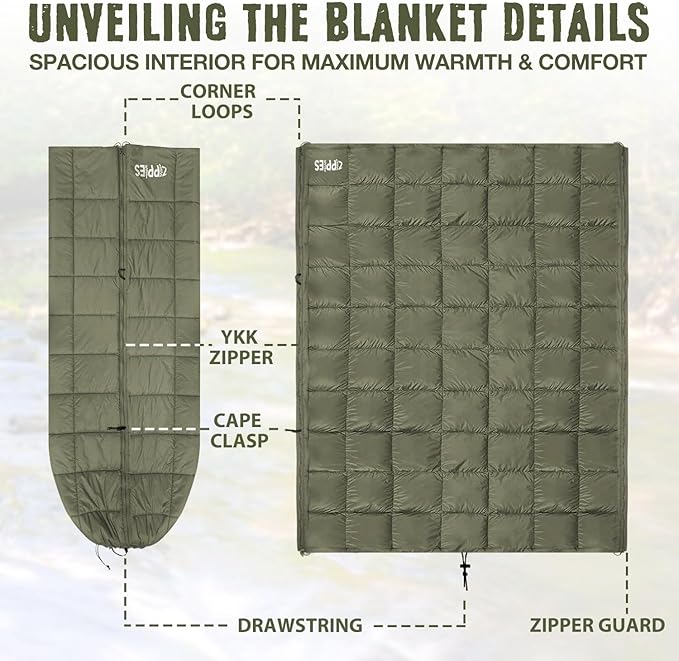 3M Thinsulate Insulation Puffy Camping Blanket for Cold Weather, Queen Size Warm Camping Quilt with Zipper, Waterproof Outdoor Sleeping Bag for Hammock, Cozy & Versatile Gift for Men and Women