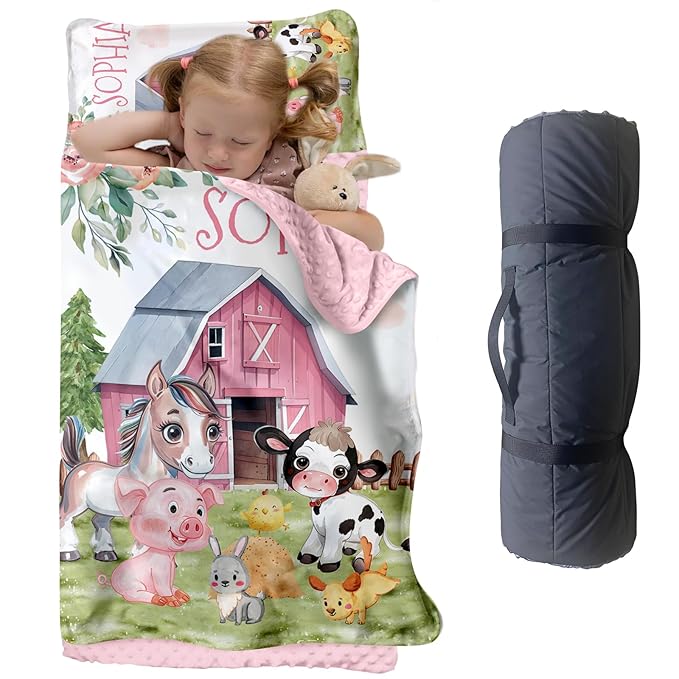 Custom Toddler Nap Mat for Preschool, Personalized Name Kids Sleeping Bag with Animal House Design for Daycare, Roll Up Sleeping Mat with Removable Pillow and Soft Dot Minky Blanke for Girls Camping