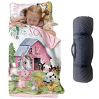 Custom Toddler Nap Mat for Preschool, Personalized Name Kids Sleeping Bag with Animal House Design for Daycare, Roll Up Sleeping Mat with Removable Pillow and Soft Dot Minky Blanke for Girls Camping