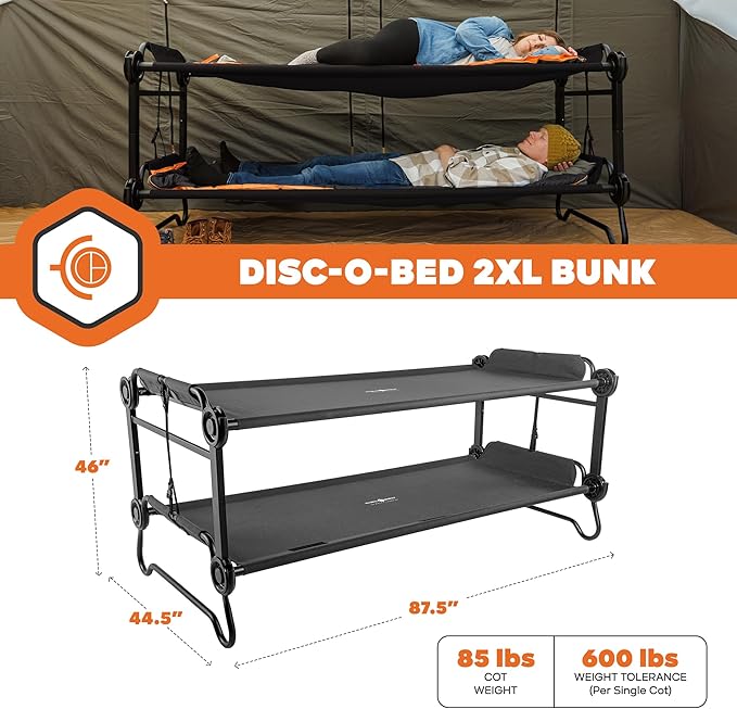 Disc-O-Bed 2XL Outdoor Convertible 2 Person Bench and Double Camping Cot Portable Bed Bunk System for Adults, Black