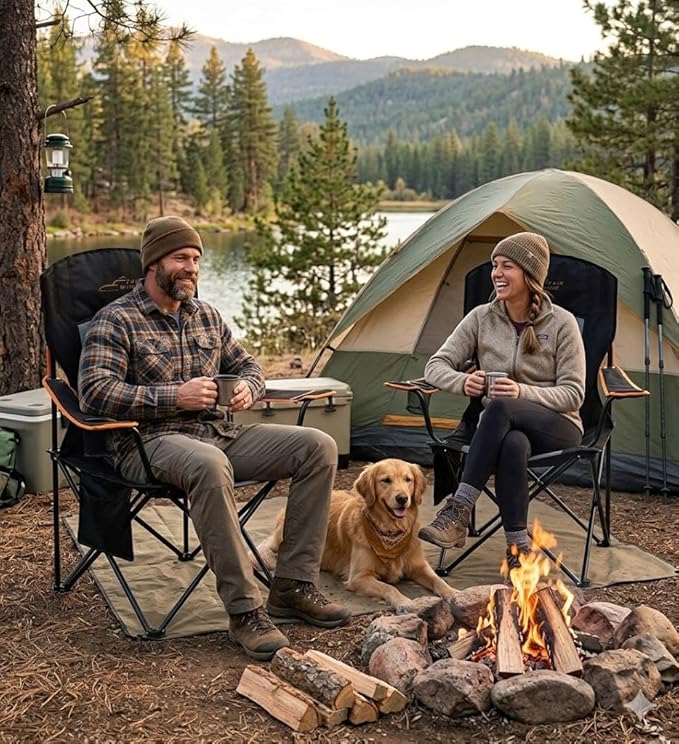 FAIR WIND 2 Pack Oversized Fully Padded Camping Chair Heavy Duty Quad Fold Arm Chair Support 350 LBS with Cup Holder, Collapsible Lumbar Back Chair Portable for Outdoor, Black