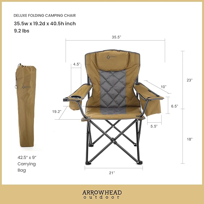 ARROWHEAD OUTDOOR Portable Deluxe Folding Camp Quad Chair w/Headrest, Glass & Cup Holders, Armest 6-can Cooler, Heavy Duty Carry Bag, 550 lbs Weight Capacity