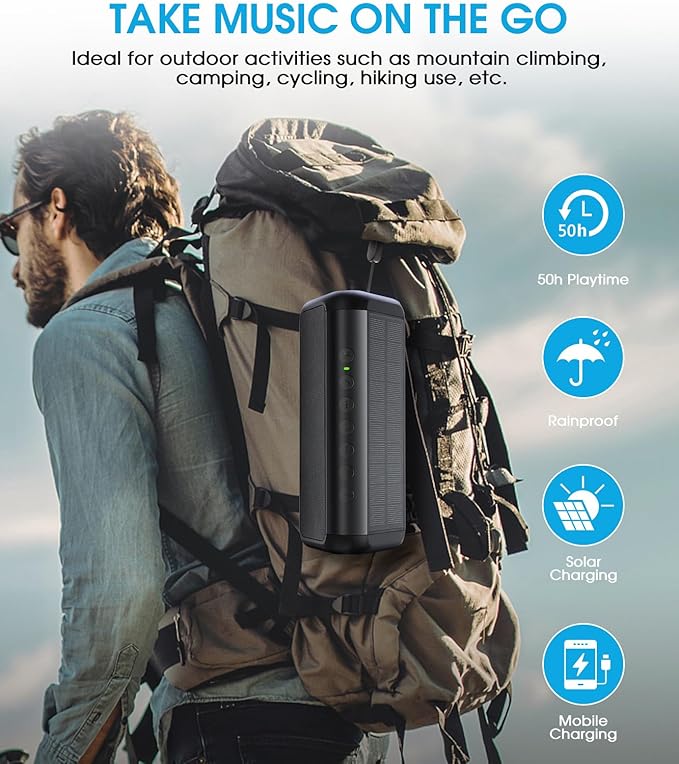 Solar Bluetooth Speaker Portable Wireless, 50H Playtime with HD Stereo Sound,5000mAh Can Charge Cell Phone,BT5.3,Outdoor Waterproof IPX6,TWS Pairing/AUX/TF play for Camping/Beach/Party/travel/Cycling