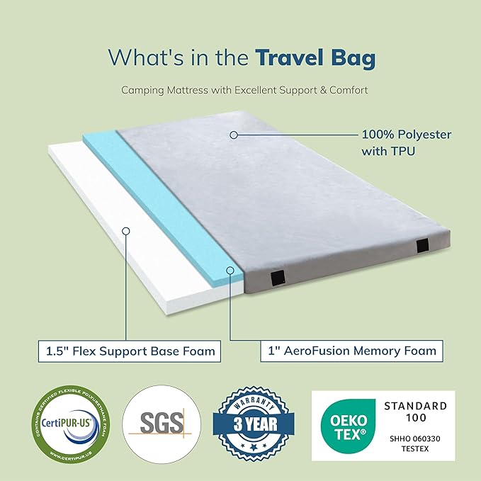 EGO Roll up Single Small Mattress Memory Foam CertiPUR-US Certified, Roll Up Floor Mattress Mat for Camping, Sleeping Pad, Portable with Travel Bag