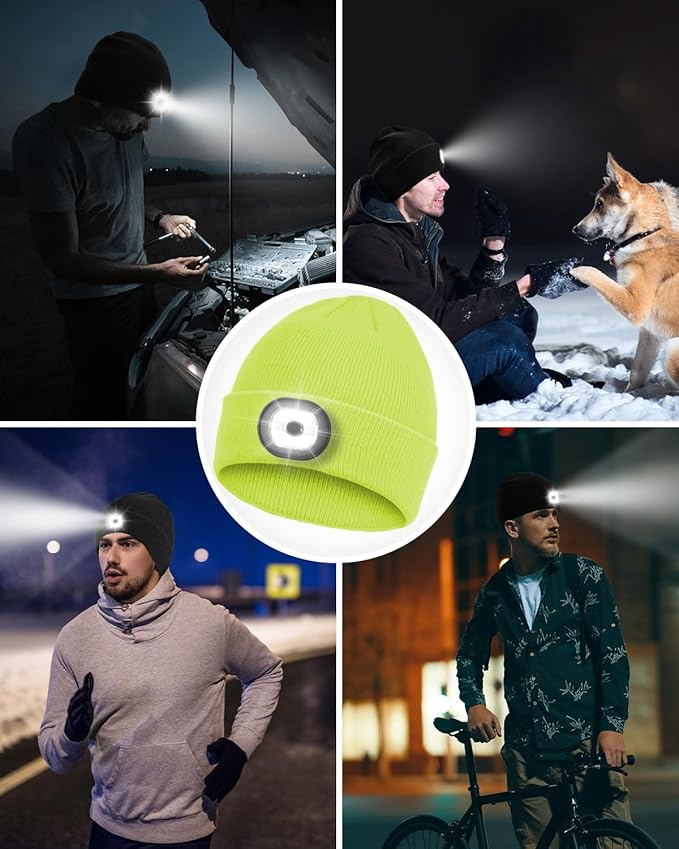 Beanie Headlamp - Unisex Winter Knit Cap Gifts for Men Dad Father with LED Hands Free USB Rechargeable Caps