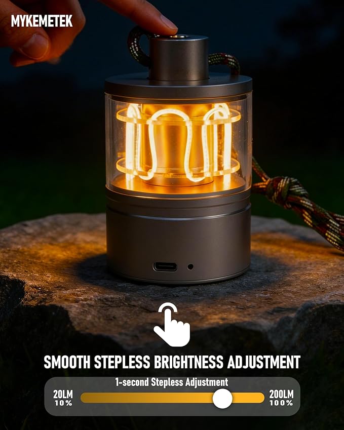 Aluminum Camping Lantern, Rechargeable Ambient Lantern with Paracord Handle & Smooth Dimming, Portable Warm Light for Indoor/Outdoor, Bedroom, Hiking and Emergency, 4'' x 2.4''