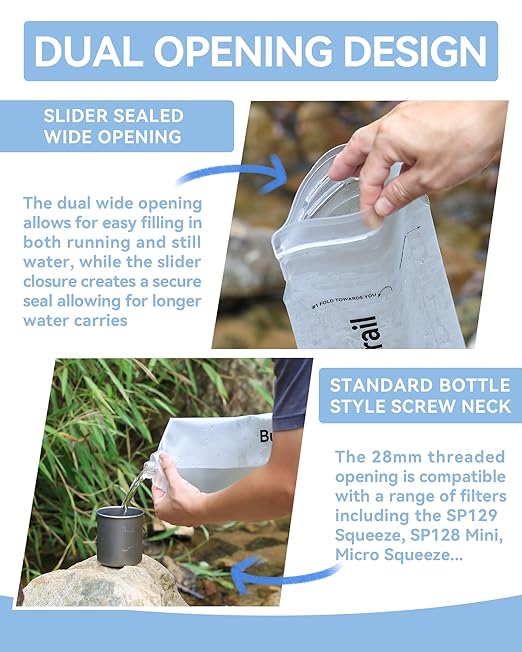 Water Bag 2L Compatible with Squeeze Water Filtration System, Foldable Squeeze Bag for Survival Water Filter Straw, Wide Mouth and 28mm Narrow Mouth Water Container