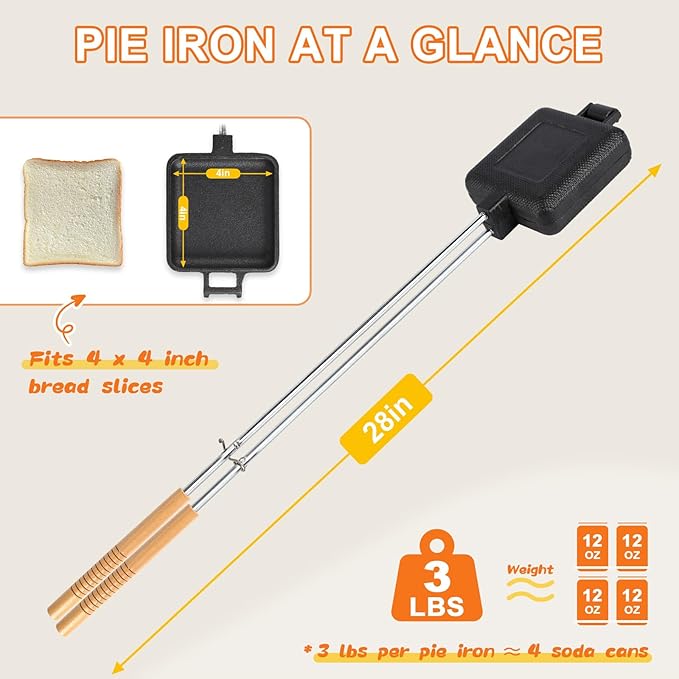 Outdoor pie irons for camping - with heat-resistant, detachable handles, includes a storage bag, easy to clean, perfect for grilling sandwiches and pies over a campfire (2-pack)