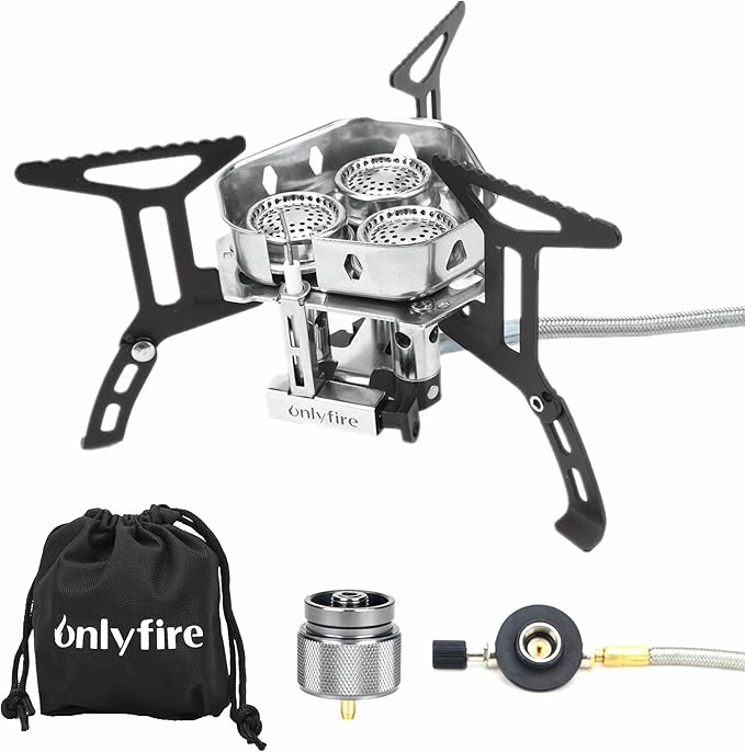 ONLYFIRE OUTDOOR LIVING Portable Camping Stove with 1LB Propane Gas Adapter, Backpacking Stove Piezo Ignition, Mini Camp Stoves with Carry Bag for Outdoor Cooking Picnic Hiking Emergency, 6800W, GS334
