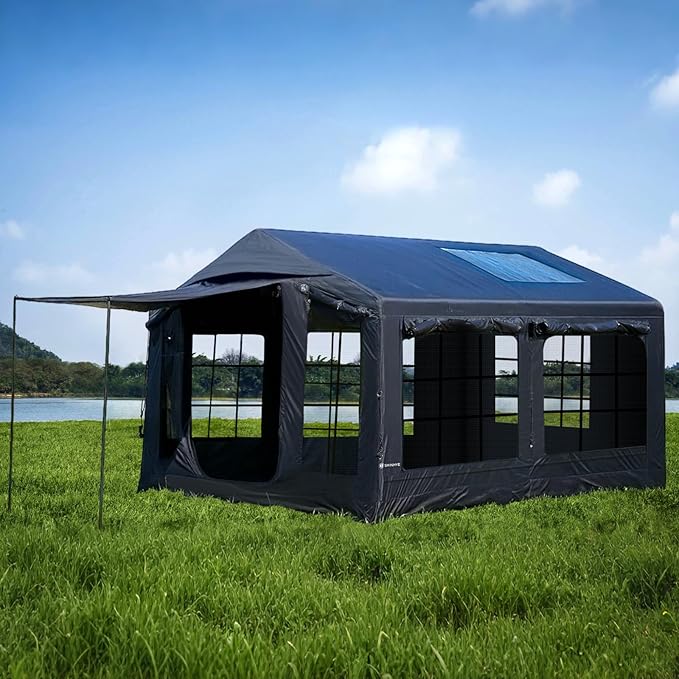 Inflatable Large Tent, Blow Up Tent with Hand Pump Waterproof 4 Season Air Tents Luxury Black Oxford Cabin Glamping House Easy Setup Outdoor Family Hot Tents for Camping 4-8 Person