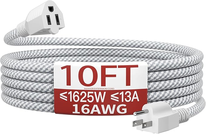 16/3 Braided Extension Cord 10 FT, Braided Extension Cord Flexible & Durable, Indoor 3 Prong Power Cable, Suitable for Home and Office, 13 Amp 1625 Watt 125VAC 16AWG, ETL Listed