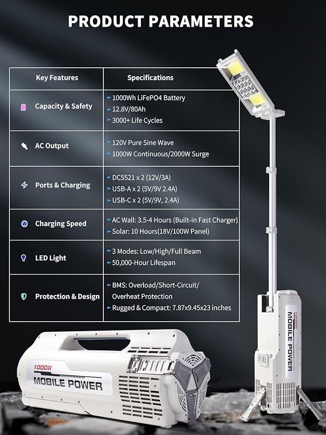 Portable Power Station with Adjustable Camping Light, 1000Wh LiFePO4 Battery Power Station, Solar Generator for Home Backup, Power Outages, and Outdoor Camping (US Stock)