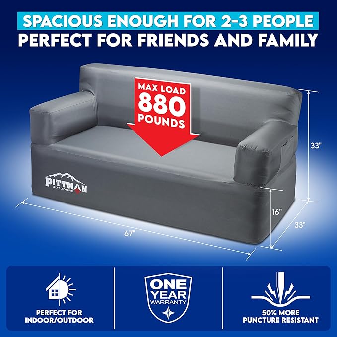 Pittman - Inflatable Couch with Built in Pump for Outdoors & Indoors - Blow Up Couch for Camping, Glamping or Home use has Heavy Duty Puncture Resistant Fabric for Inflatable Sofa Comfort & Durability