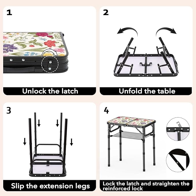 Small Camping Table, Vintage French Flowers Pattern Folding Table, Adjustable Height, Lightweight & Portable Outdoor Picnic Table with Carry Handle for Patio, Living Room, Travel