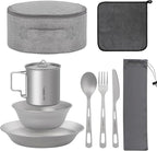 Titanium Tableware Set, 8-Piece Camping Dinnerware Kit, Titanium Bowl, Plate, Cup, Fork, Spoon, and Napkin, Includes Storage Bag, for Backpacking, Camping, Hiking, and Picnics