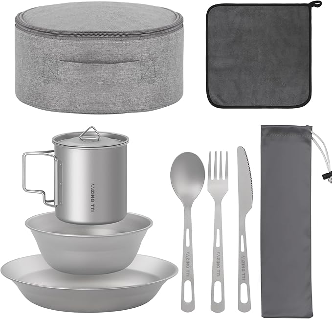 Titanium Tableware Set, 8-Piece Camping Dinnerware Kit, Titanium Bowl, Plate, Cup, Fork, Spoon, and Napkin, Includes Storage Bag, for Backpacking, Camping, Hiking, and Picnics