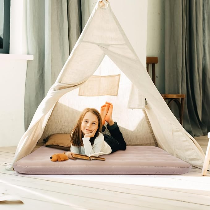 Geetery Kids Air Mattress Toddler Inflatable Airbed 55x27.6x8.7 Inch Foldable Comfort Flocked Blow up Bed with Patch Kit Portable Sleepover Mattresses for Home Travel Camping Party(Beige, 2 Pcs)