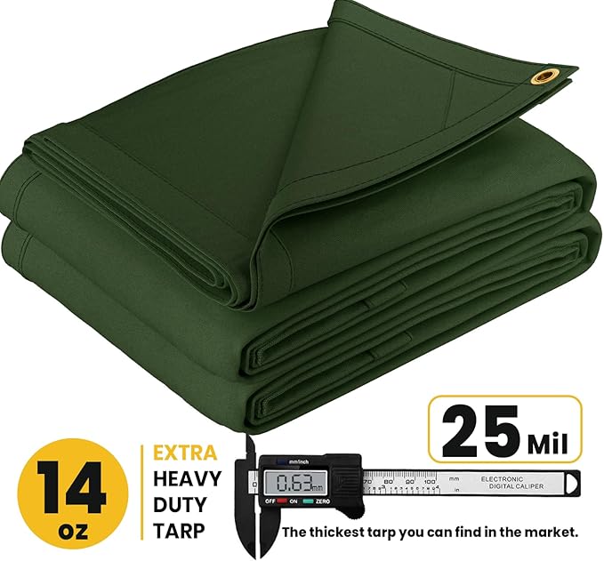 PROTARP Heavy Duty 14 OZ Water Resistant Canvas Tarp, UV Resistant Tarpaulin Cover with Rustproof Brass Grommets, Multipurpose for Canopy, Roof, Camping, Woodpile (Olive 10'X12')