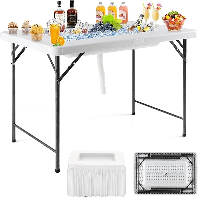 Giantex 4 FT Folding Ice Cooler Table for Parties with Drain, No Assembly Ice Bin Table with Removable Matching Skit, Portable Fill and Chill Table for Cooling Food Beverage, Picnic, BBQ, Tailgating