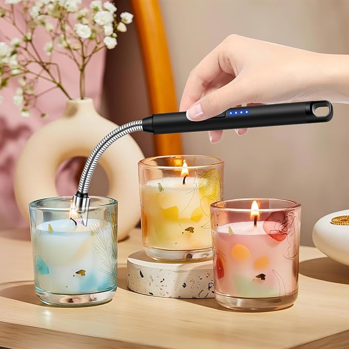 LcFun 3 Pack Electric Candle Lighter Windproof USB Rechargeable Plasma Lighter with LED Battery Display, Flameless Long Arc Lighters for Candle Grill BBQ Camping Stove (Black,Blue,Red)
