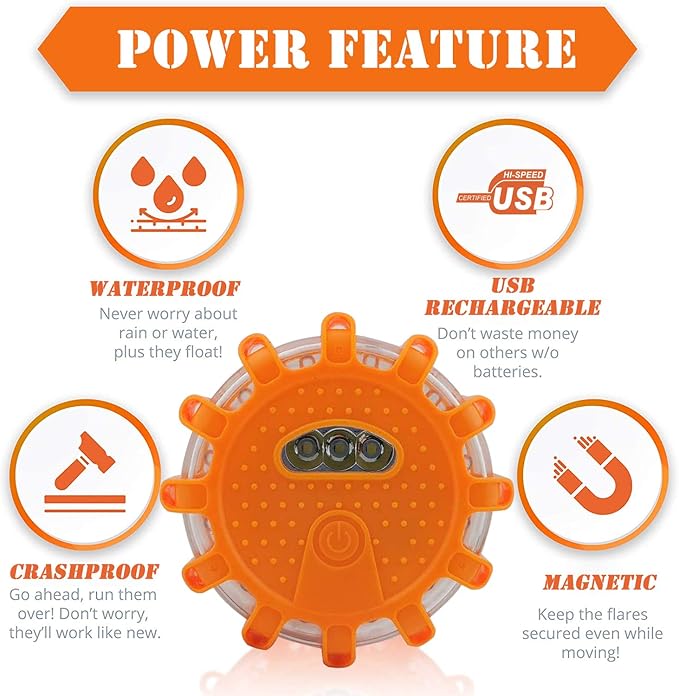USB Rechargeable LED Road Flares Emergency Lights-Roadside Warning Car Safety Beacon Flashing Disc Flare Kit with Magnetic Base for Vehicles & Boat | 12 Beacon Disc Pack