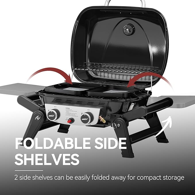 Royal Gourmet GT2005 2 Burner Portable Propane Gas Grill with Foldable Side Tables & Foldable Support Legs, Tabletop Gas Grill with Warming Rack for Outdoor Cooking & Grilling, Black