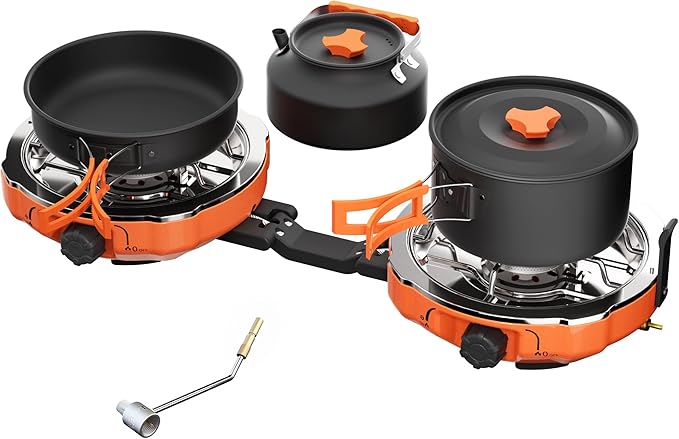 Propane 2 Burner Camping Stove Kit with Camping Cookware, Outdoor Folding Propane Gas Stove, Camp Portable Stove and Camping Cooking Set, With 20,000 Total BTUs for BBQ, Tailgating, Camping