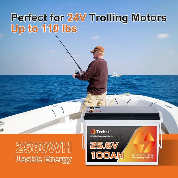 Techex 24V 100Ah LiFePO4 Battery, 200A BMS, 5120W Load Power, Low Temp Cut Off, Deep Cycle, 24V lithium battery for Trolling Motor, Boat, RV, Solar, Camping, Off Grid （No Bluetooth）