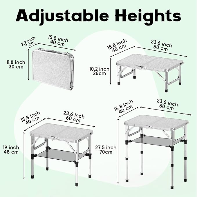 Folding Camping Table, Aluminum 24" x 16" Adjustable Height Max 27.5" with Carrying Handle, Lightweight, Portable Camping Table for Outdoor Indoor Picnic Beach, Silver