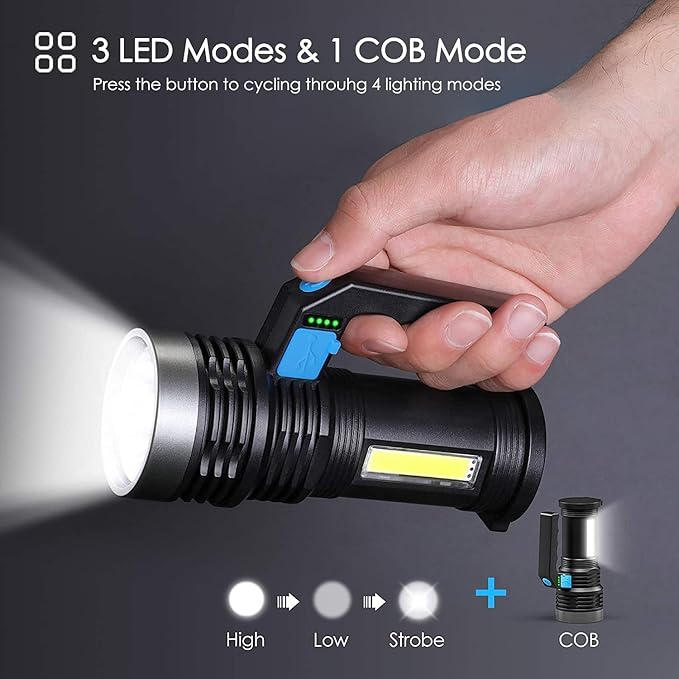 LED Flashlight High Lumens USB Rechargeable Flashlight for Camping, Hiking, Walking, Powerful Emergency Flashlight with 4 Modes for Outdoor Use, Bright Flashlight with Sidelight Lantern