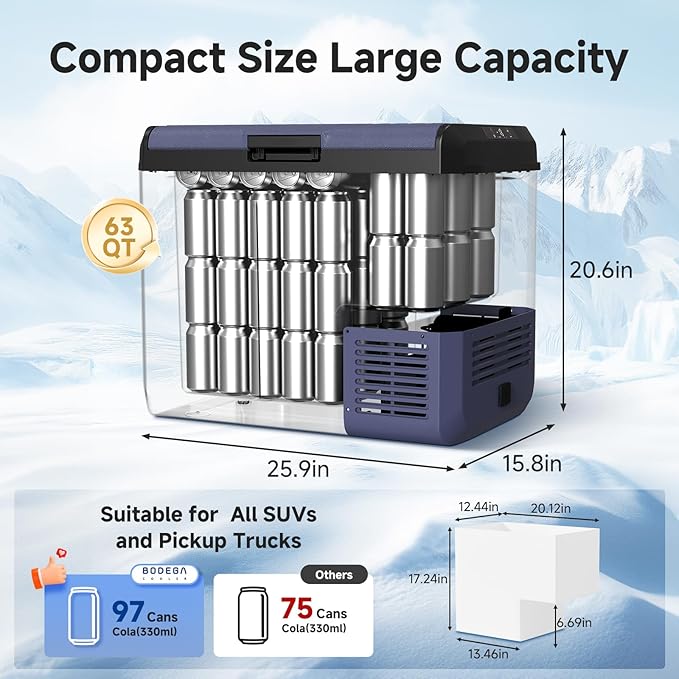 BODEGA BODEGACOOLER 12v Car Refrigerator, 63QT(60L) IPX4 Waterproof Electric Cooler, APP Control Car Fridge with 12/24V DC 110-240V AC, -4℉~68℉, Portable Freezer for Truck Van RV Camping, Travel,Home