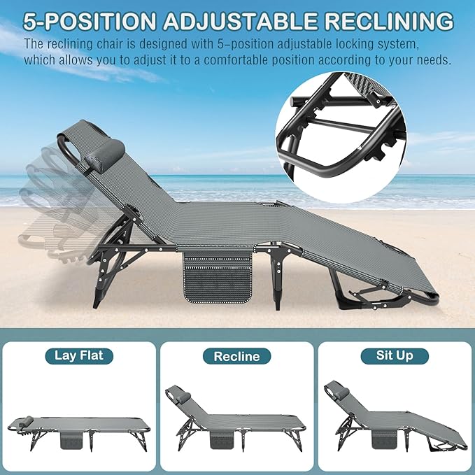 NAIZEA Folding Camping Cot W/Mat for Adults, Adjustable Lounge Chair Outdoor, Heavy Duty Sleeping Cot Bed, Travel Camp Cots for Pool, Beach, Patio Sunbathing