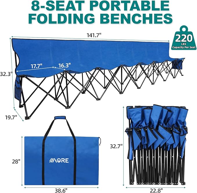 1MORE Portable Folding Bench, Foldable Sideline Bench for Team, 8 Seats Outdoor Camping Chair with Carry Bag & Backrest, Team Sport Sideline Bench for Football,Soccer, Fishing. Blue