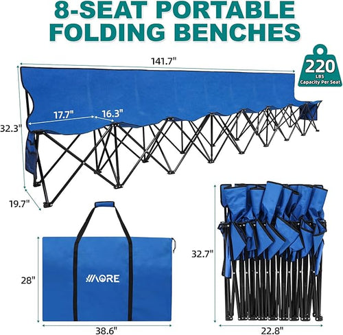 1MORE Portable Folding Bench, Foldable Sideline Bench for Team, 8 Seats Outdoor Camping Chair with Carry Bag & Backrest, Team Sport Sideline Bench for Football,Soccer, Fishing. Blue