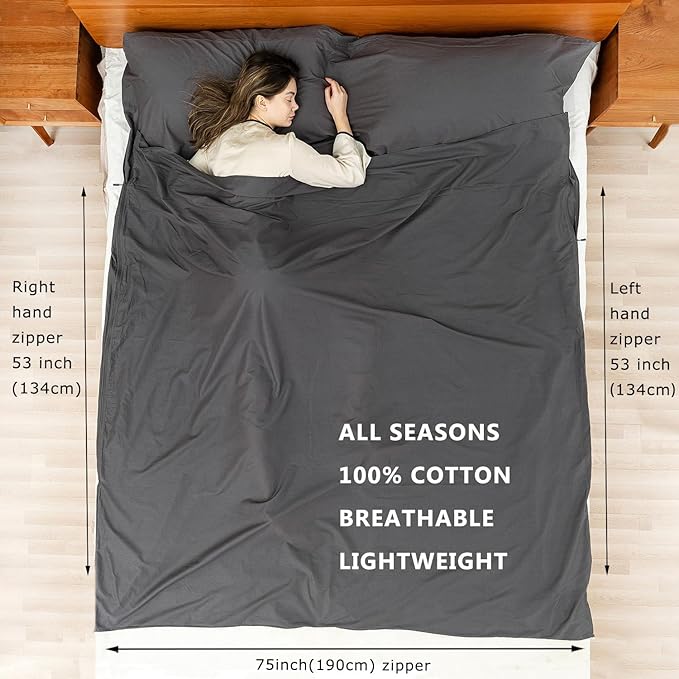 100% Cotton Sleeping Bag Liner with Full Length Zipper on 3 Sides; Single/Double Adult Sleep Sack for Travel & Camping, Multifunctional Travel Sheets (Unzipped 87”x87”) for Hotel, Lightweight