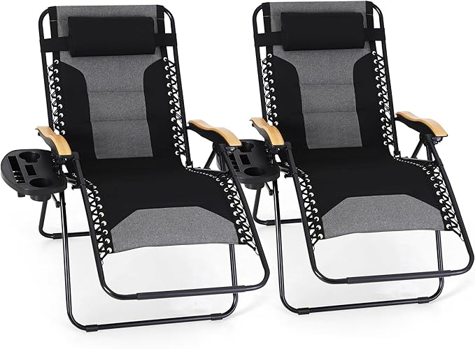 MAISON ARTS Oversized XXL Padded Zero Gravity Chair Set of 2, 30" Wide Seat Foldable Patio Recliner, Anti Gravity Outdoor Lawn Chair with Cup Holder & Pillow, Supports 400lbs, Black & Grey