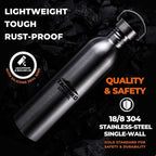Tactiko Survival 51 oz/1500 ml Stainless Steel Wide Mouth Water Bottle, Single Wall Boil-Safe, Leakproof, BPA-Free with Carry Sleeve and Strap for Camping, Hiking, Outdoor Prep (Black)