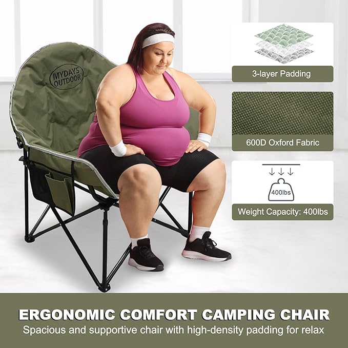 Oversized Camping Chair, Portable Folding Moon Chair with Side Pocket, Heavy Duty Outdoor Chair for Camping, Beach, Backyard, Support 400lbs(Green)